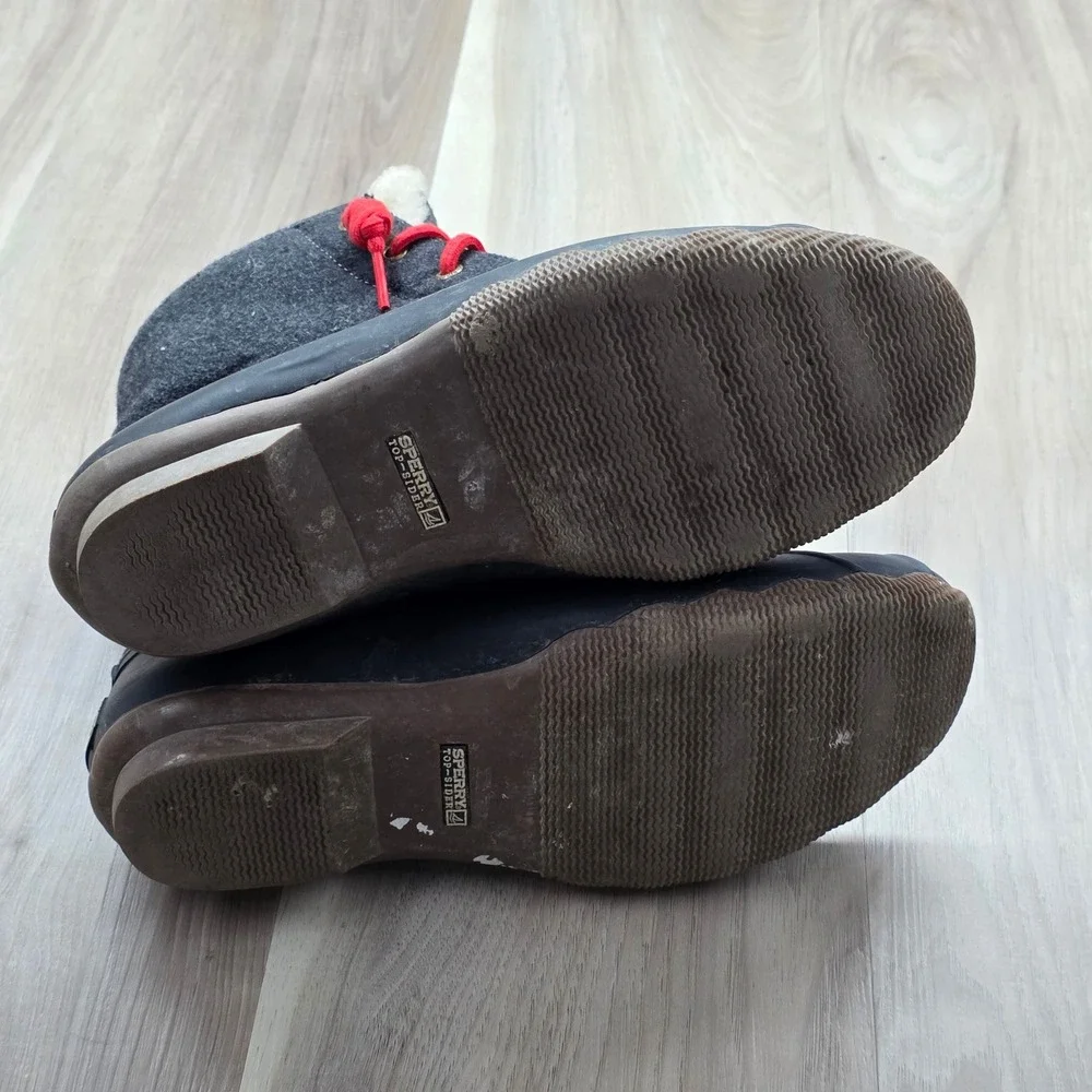 Sperry J.Crew Saltwater Duck Boots Wool Shearling Waterproof Grey Red 9 M Womens